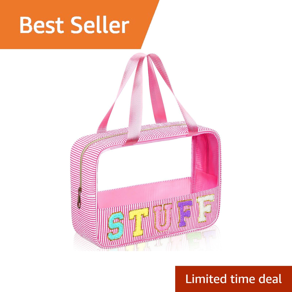 Seersucker Cosmetic Pouch with Handle - Pink Stuff, Portable Makeup Bag