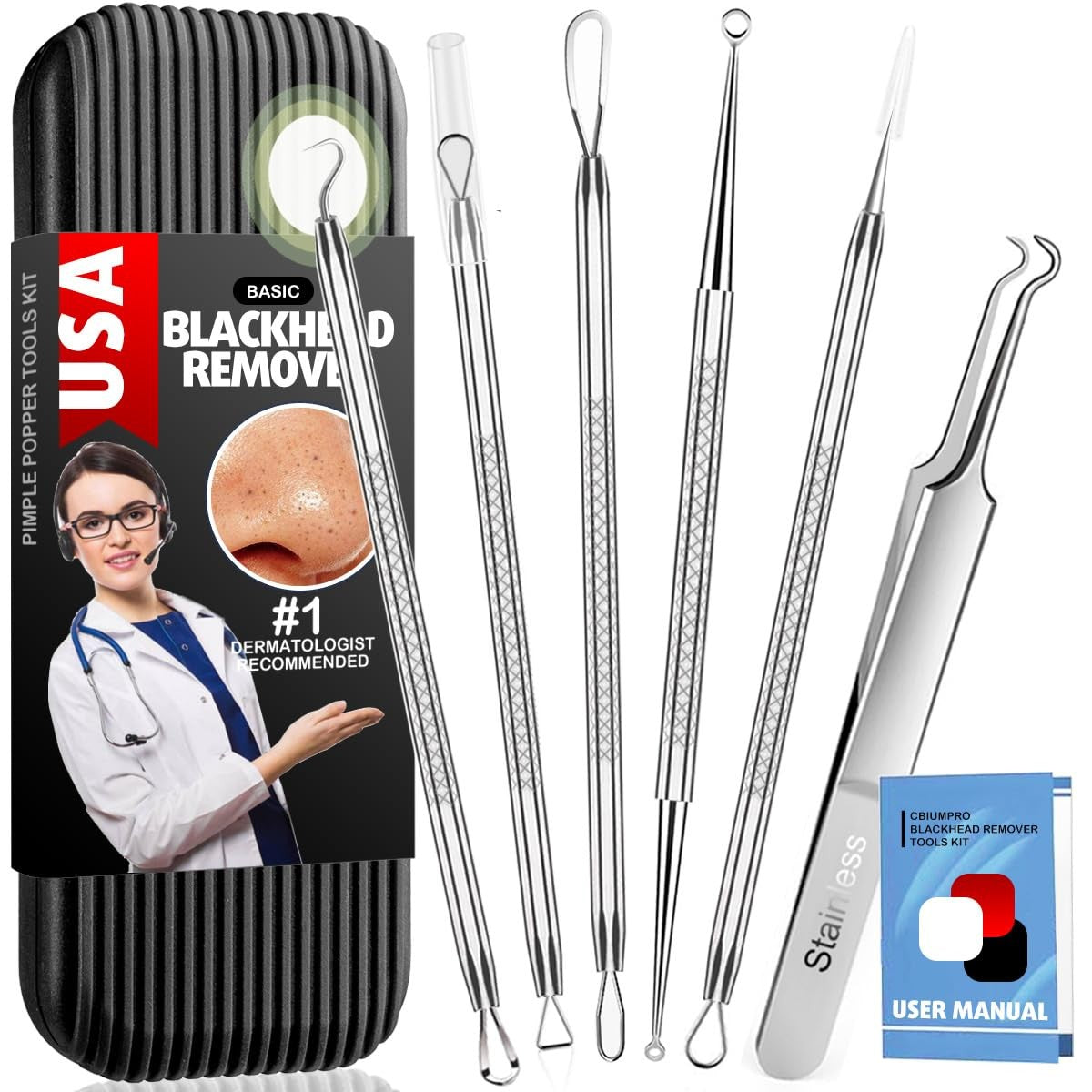Blackhead Remover Tools 6-Pack - Gentle Stainless Steel Acne Extractors