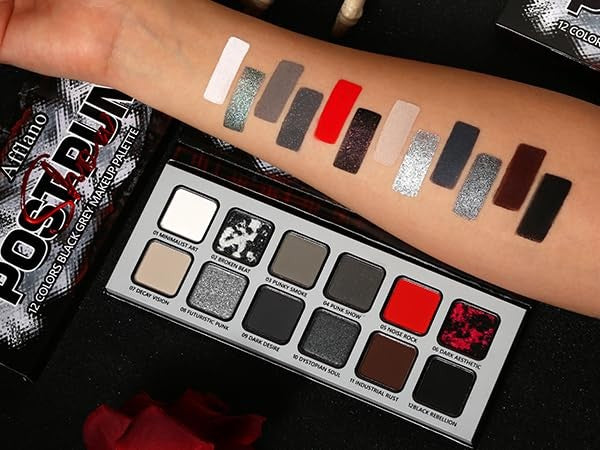 Goth Eyeshadow Palette 12 Colors Black Grey Red Smokey Eye Makeup Compact