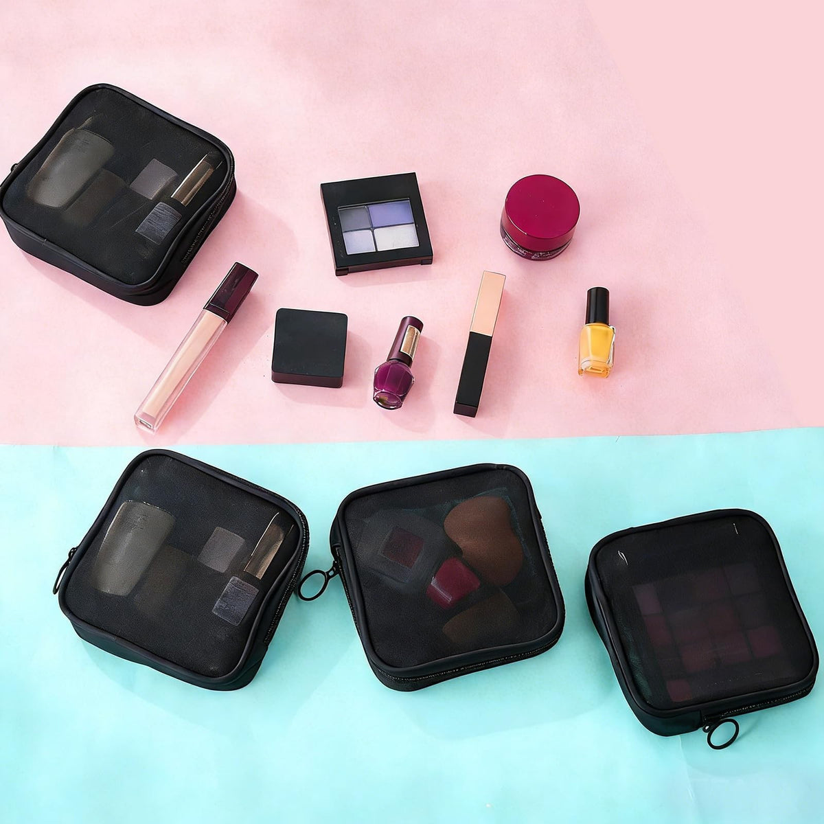 4 Pack Transparent Mesh Cosmetic Bags Travel Organizer Pouches 5x5 In