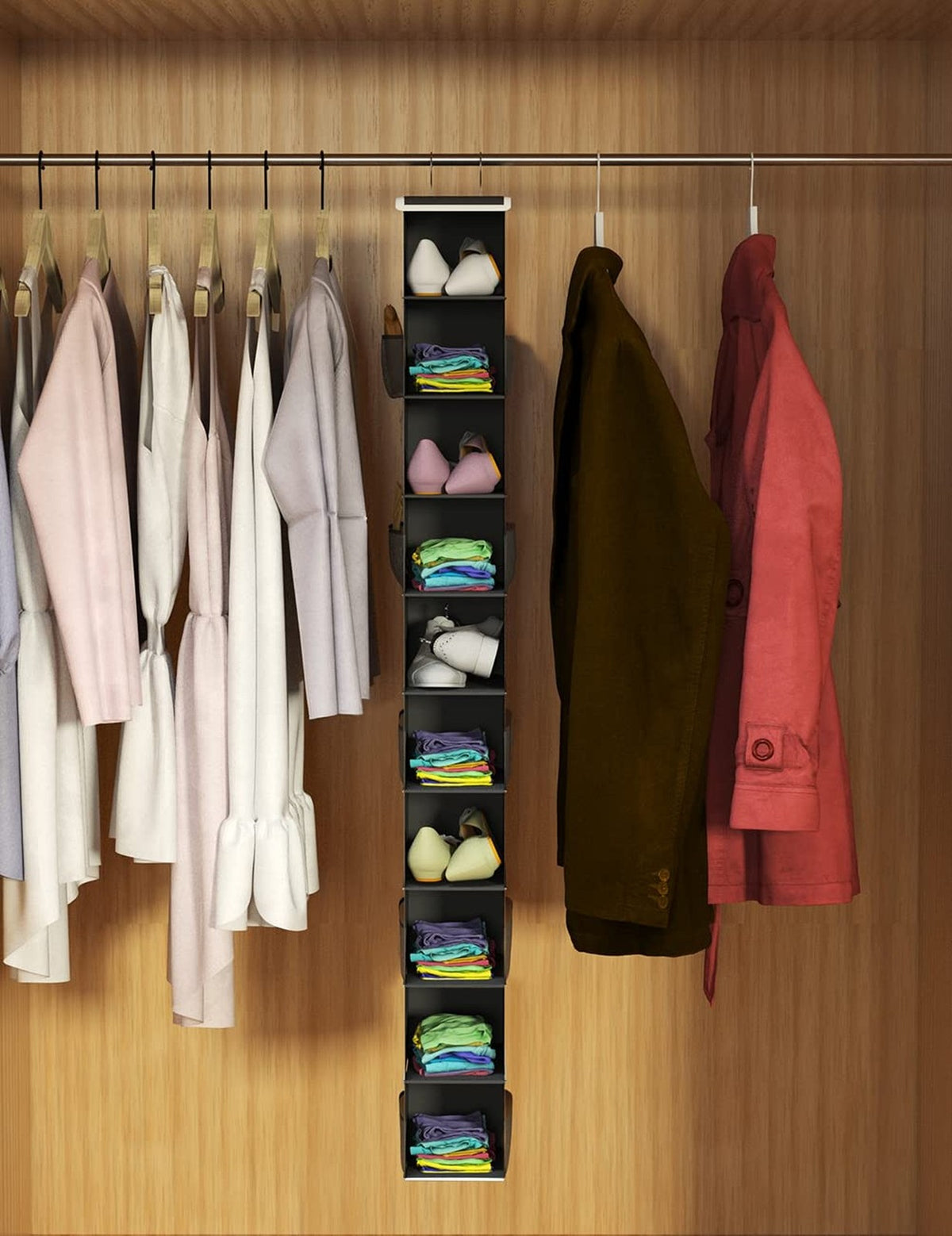 10-Shelf Hanging Shoe Organizer with Side Pockets and Hooks - Black