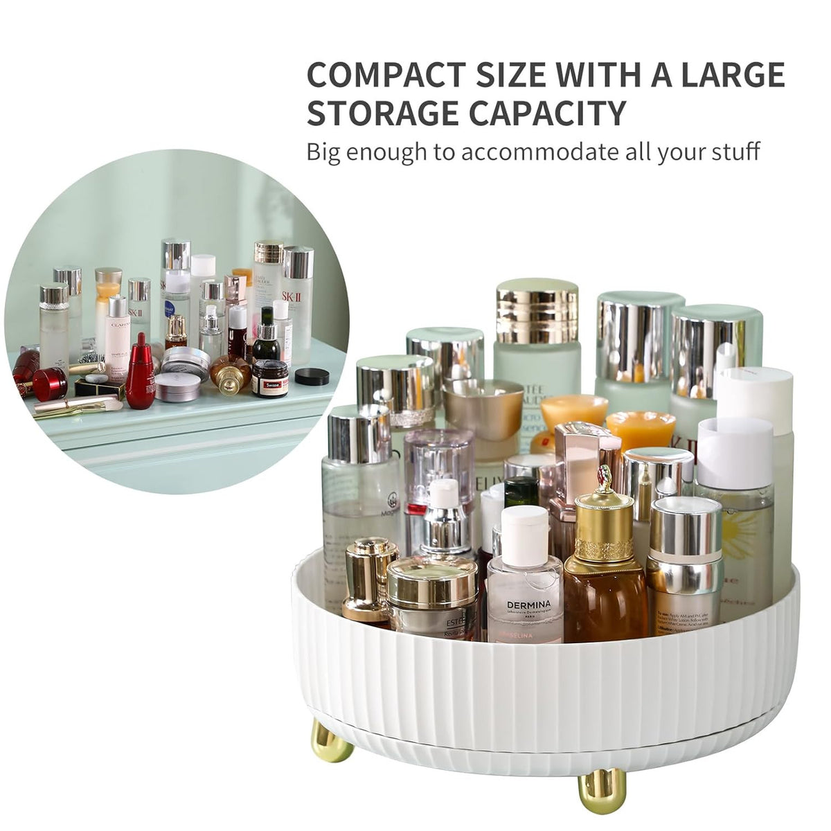 Rotating Makeup Organizer Tray with Perfume Holder - 360° Turntable, White