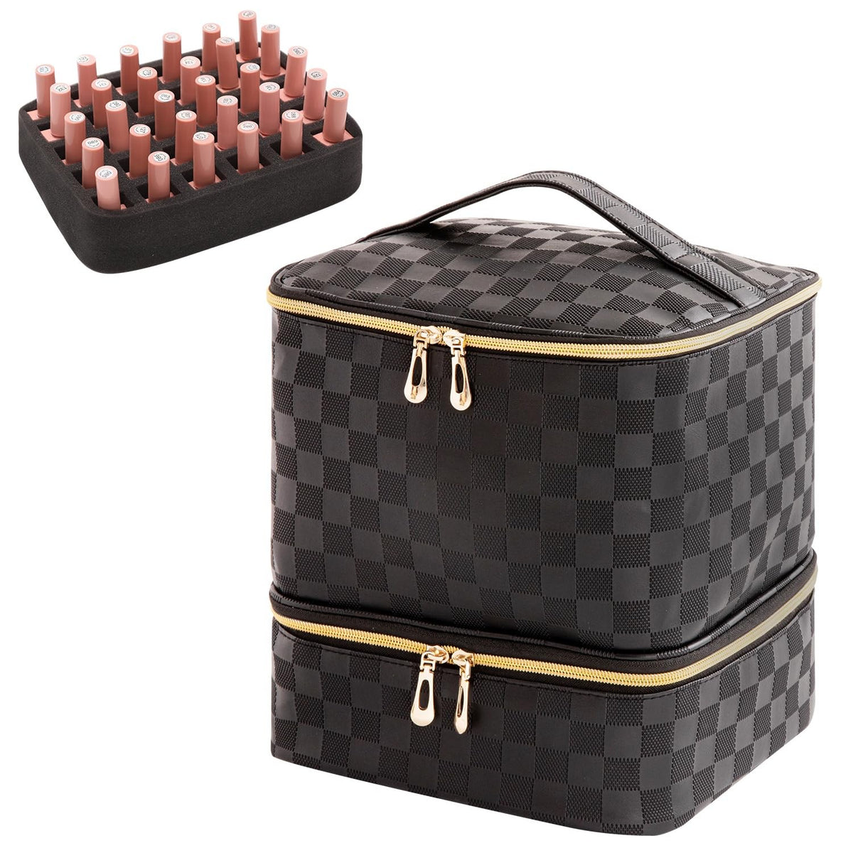 Checkered Black Nail Polish Organizer Bag 15ml Holds 30 Bottles Travel Case