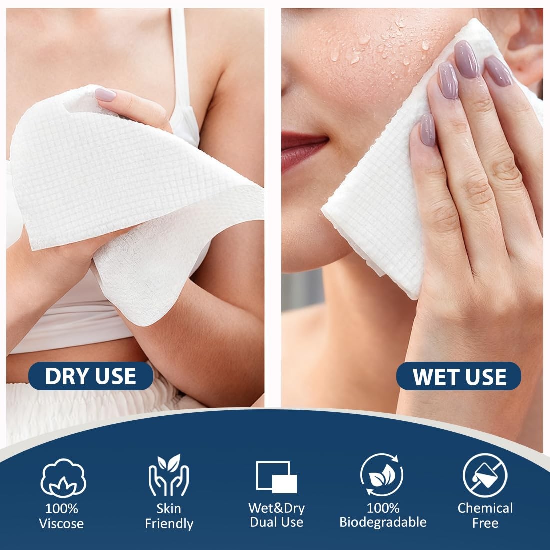 Disposable Face Towels Pack of 200 - Soft Makeup Remover Wipes for Sensitive Skin