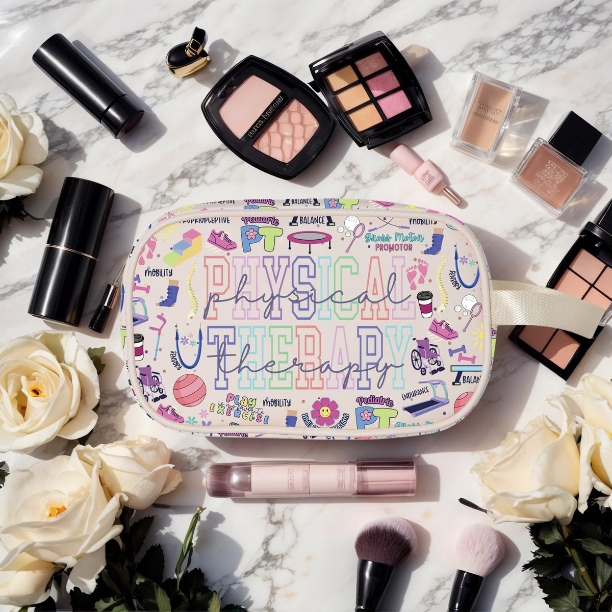 Clear Makeup Bag with Marble Print - Large Capacity Zippered Cosmetic Organizer
