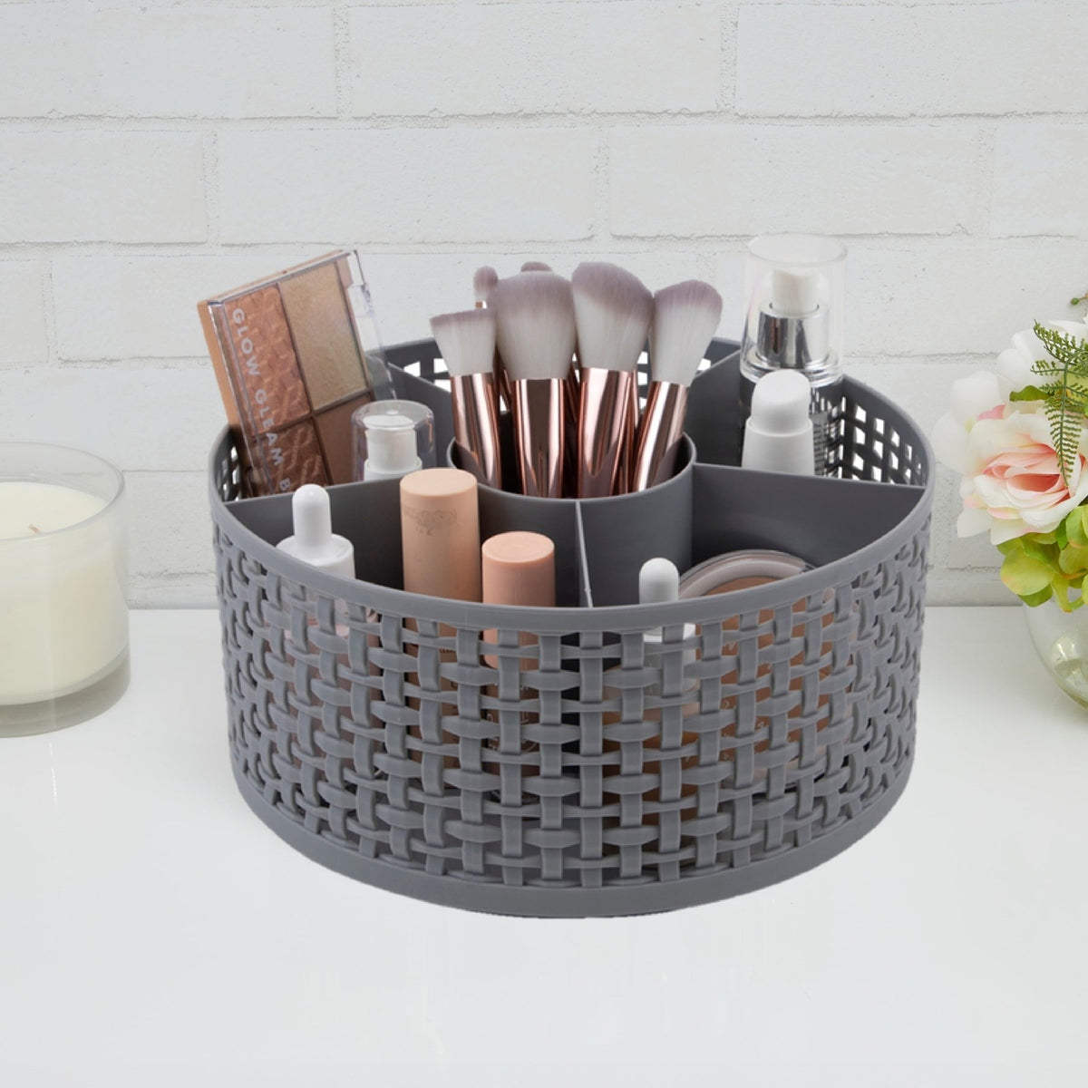 Extra Large Rotating Makeup Organizer Gray - 6 Compartments, Sturdy Plastic