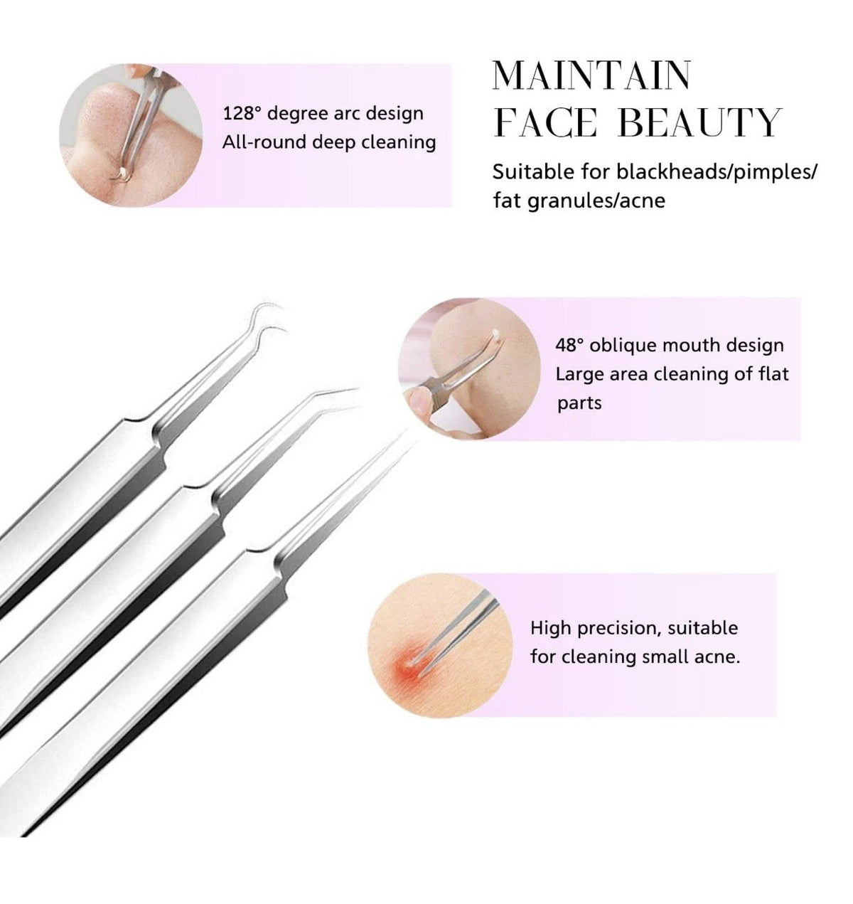 3Pcs Acne Pimple Blackhead Remover Tweezers Set - Facial Skin Care Tools