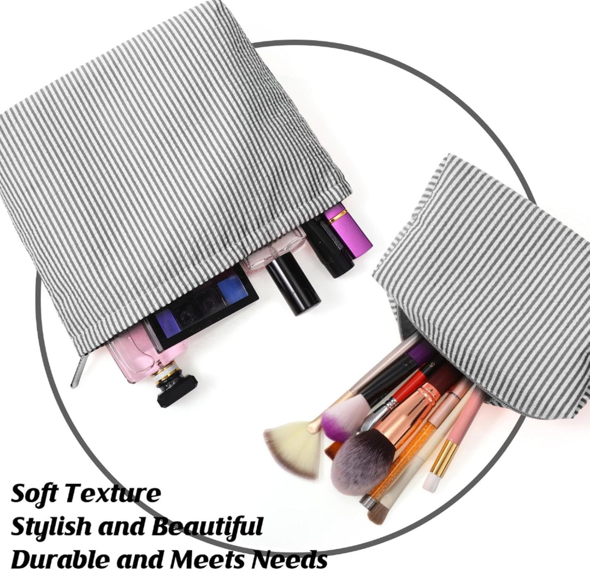 2-Piece Makeup Bag Set with Seersucker Material and Colorful Stripes - Travel Cosmetic Pouches for Women