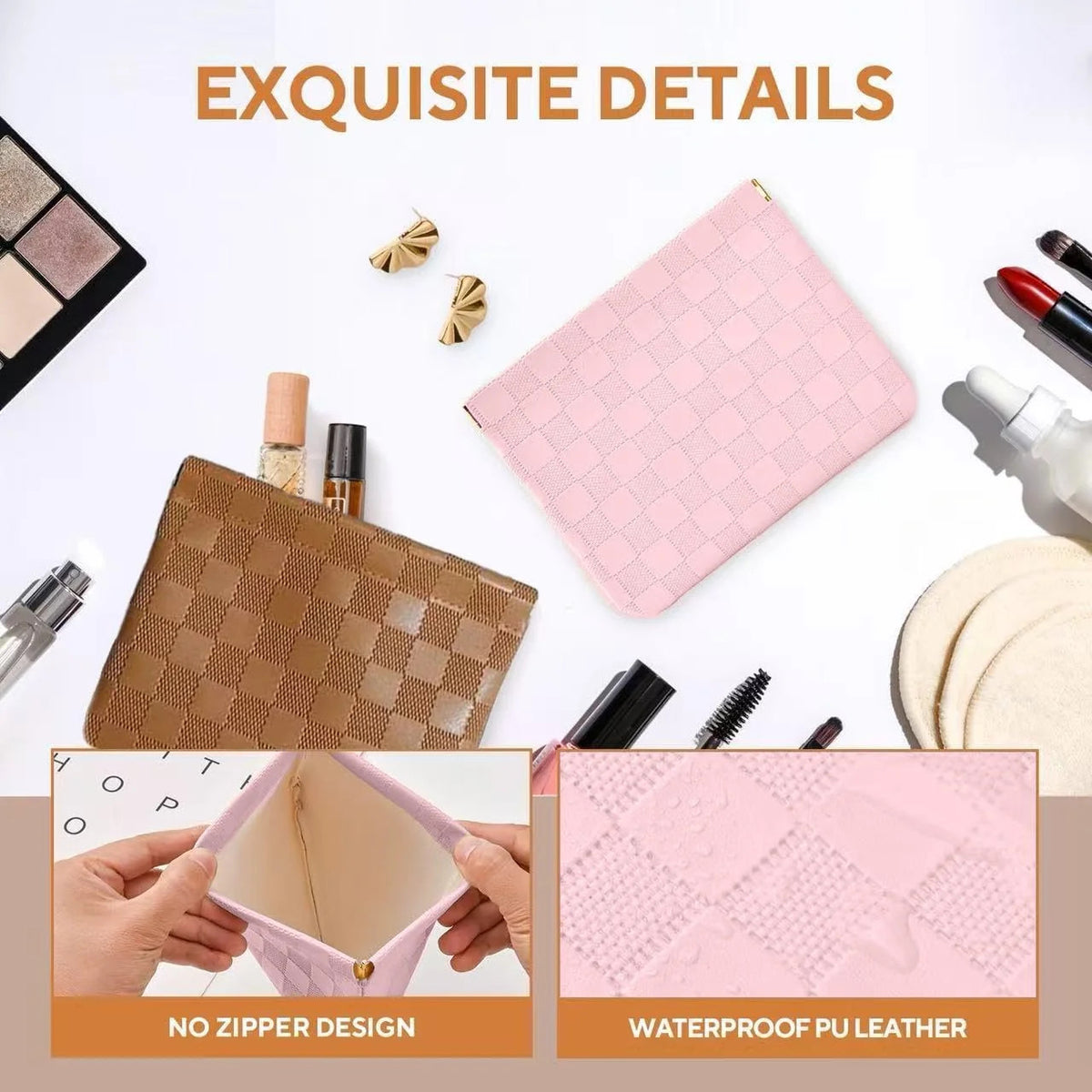 Small Waterproof Checkered Makeup Bag Set - Portable Travel Toiletry Pouches