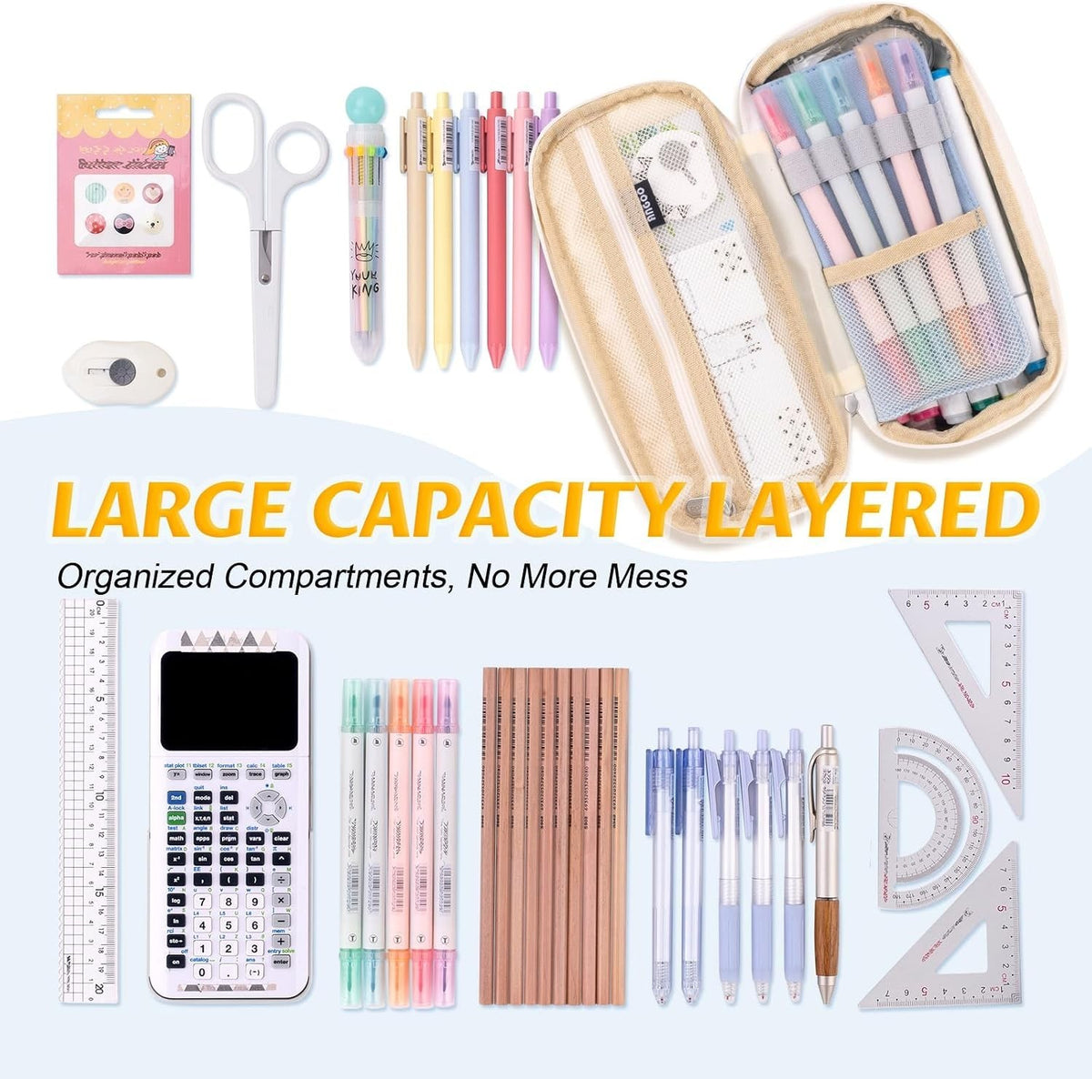 Spacious Light Blue Pencil Case - Multi-Function Office & School Organizer