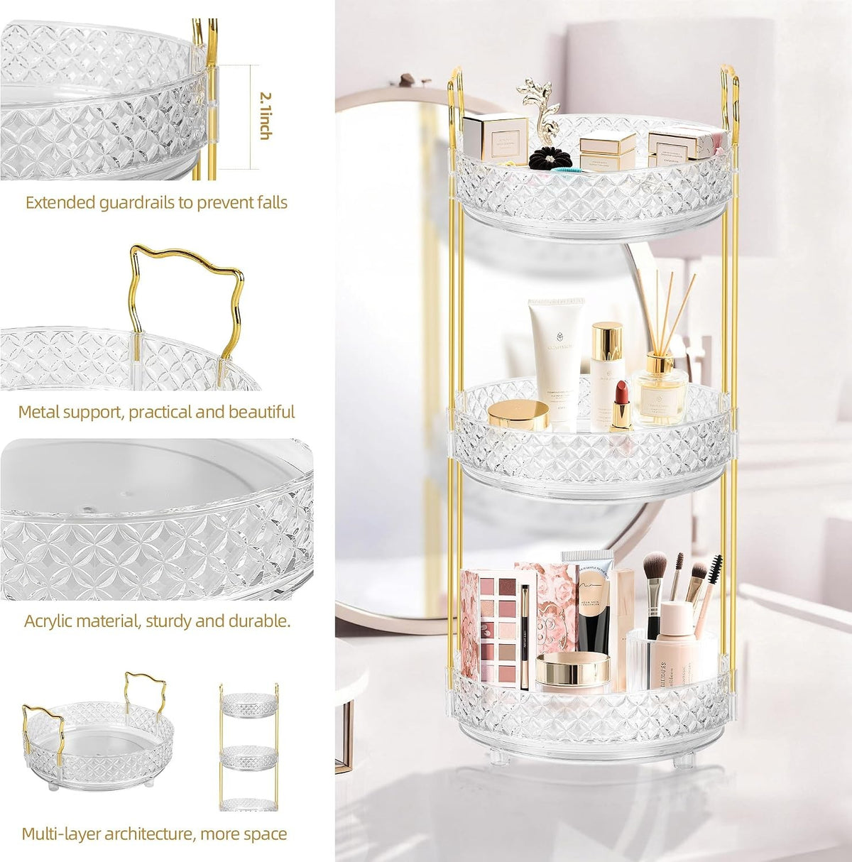 360° Rotating Makeup Organizer with 3 Tiers for Vanity and Bathroom Counter