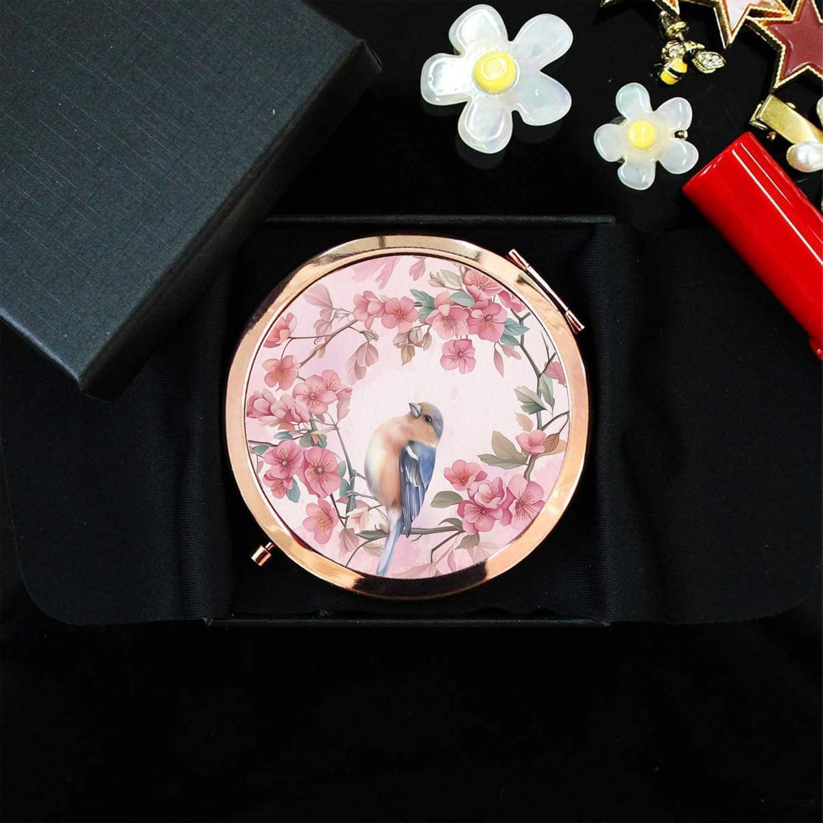 Rose Gold Compact Mirror with 2x Magnification for Women - Portable Bird Watercolour Design