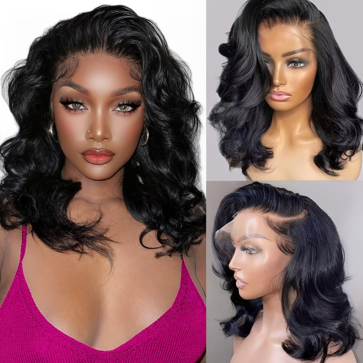 14-Inch Lace Front Bob Wig Black Natural Hair Body Wave Pre-Plucked for Women