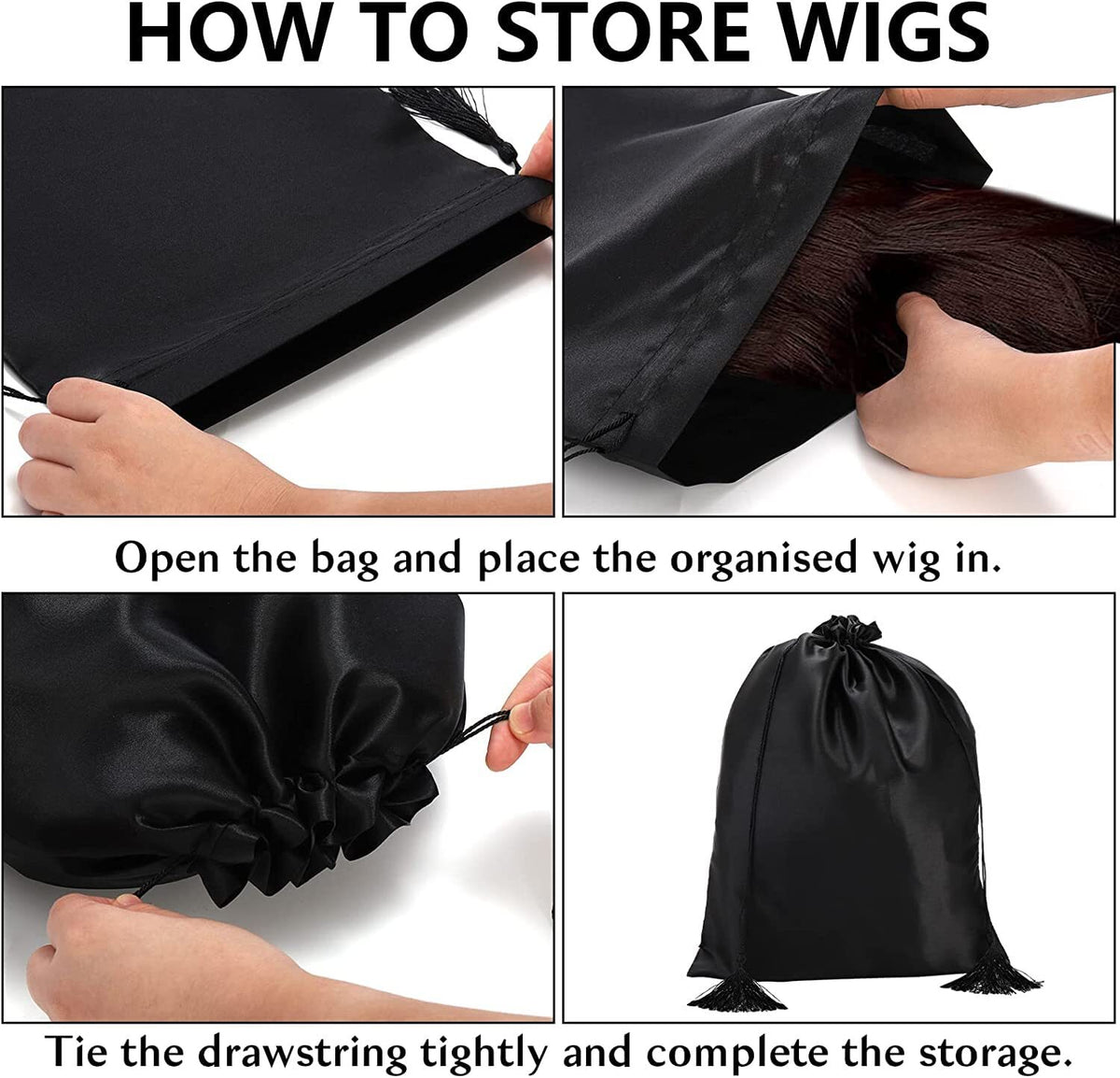 16 Pcs Satin Wig Bags Travel Storage Bags with Drawstring - Black