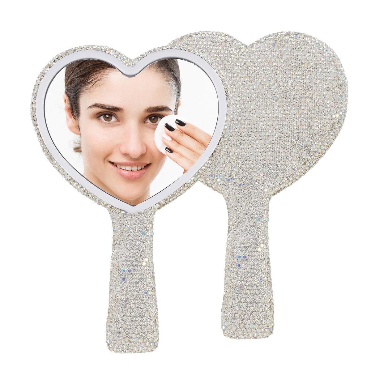 Heart-Shaped Rhinestone Handheld Makeup Mirror – Portable Bling Cosmetic Mirror