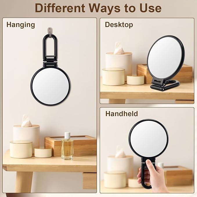 Double Sided Foldable Travel Makeup Mirror with Magnification - Black & Clear Options