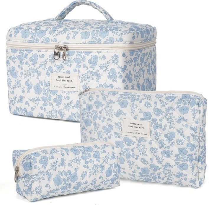3-Piece Quilted Floral Cosmetic and Travel Bag Set - The Jolly House