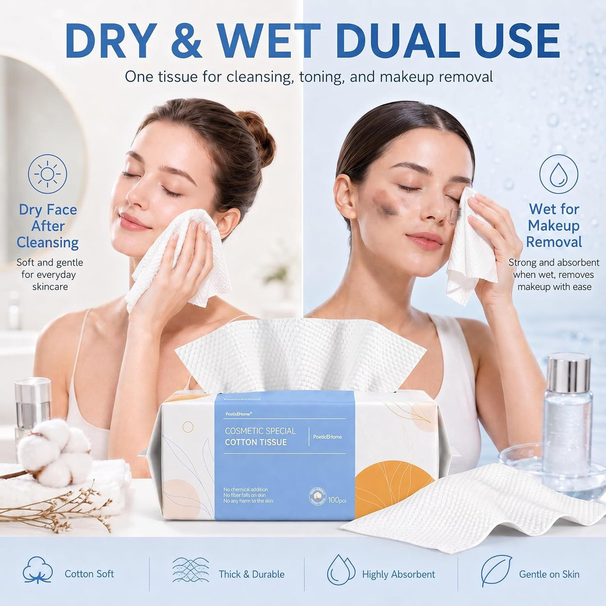 Cotton Face Tissues 6 Pack – 100% Dry Cleansing Wipes, Lint-Free Facial Towel