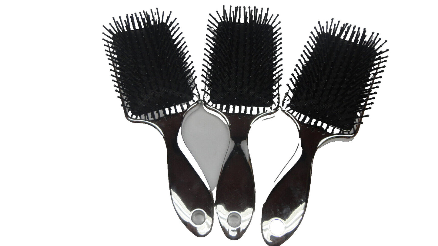 3 Pack Plastic Paddle Hair Brush - Silver - Hair Styling Tools