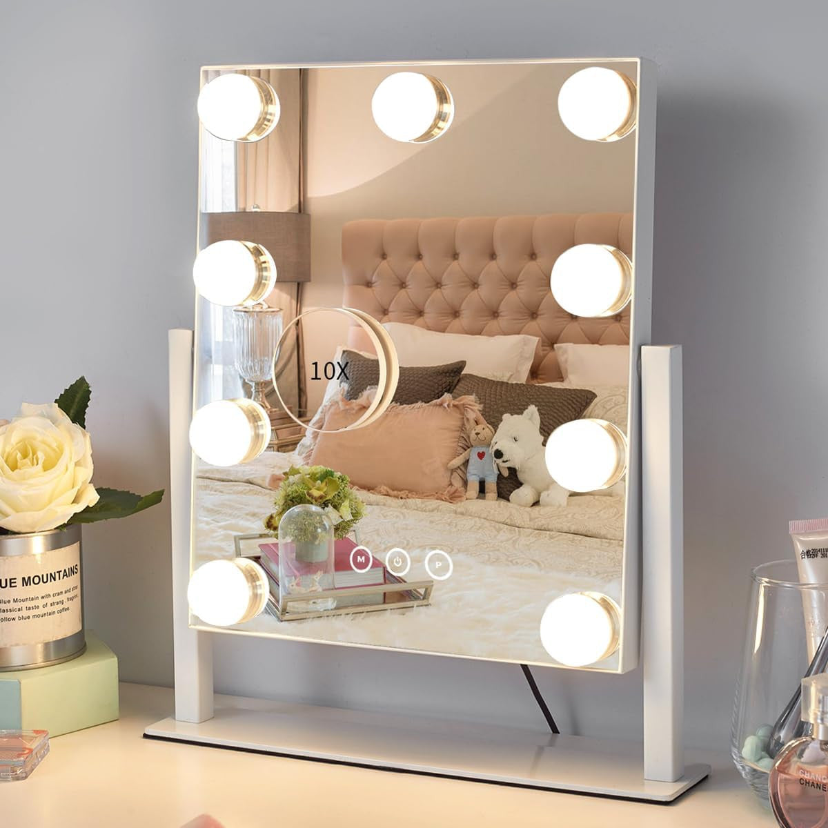 Lighted Vanity Mirror with Dimmable LED Bulbs & 10X Magnifier, Adjustable Brightness & 3 Color Modes