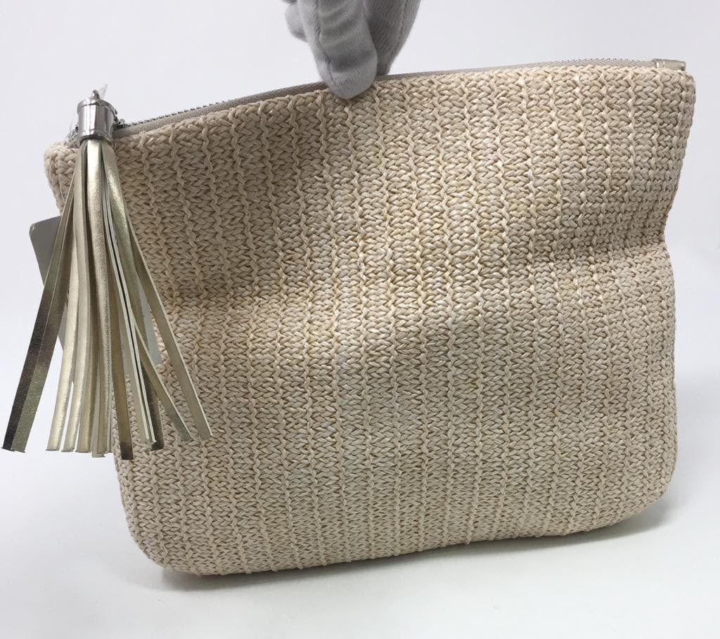 Faux Raffia Tassel Women's Clutch Bag - Small Beige Cosmetic Bag