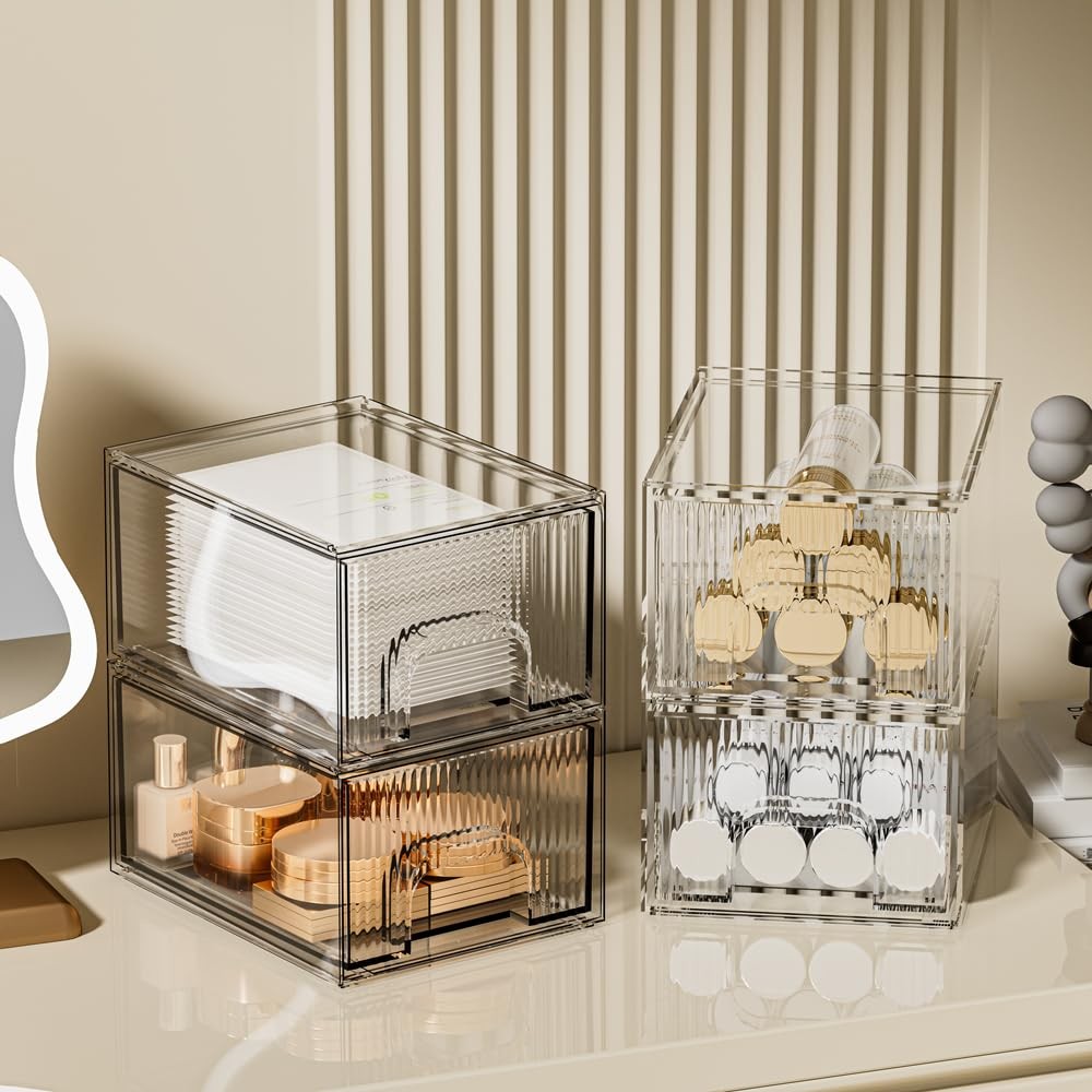 4 Pack Clear Stackable Acrylic Makeup Organizer Drawers - Cosmetic Storage