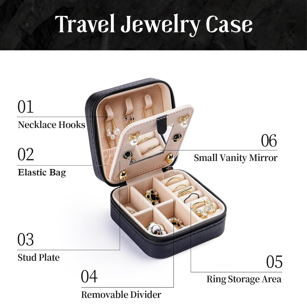 Travel Jewelry Case with Mirror and Skull Design, Black Faux Leather Organizer for Women