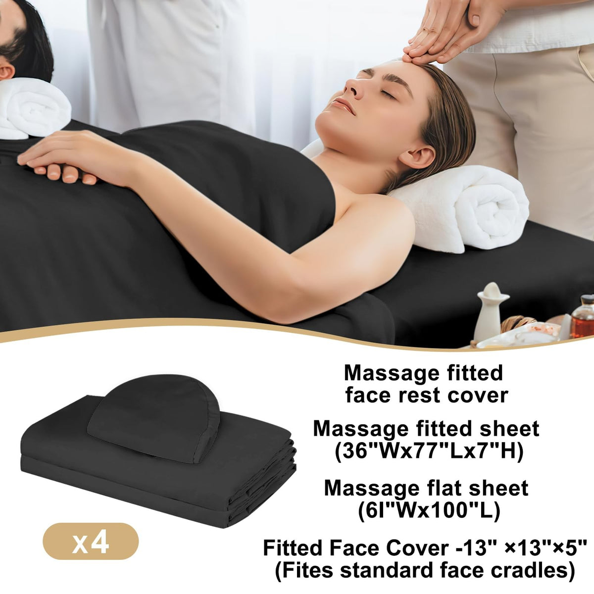 Microfiber Massage Table Sheets Set - 4 Pack, 3-Piece Black Bed Linens