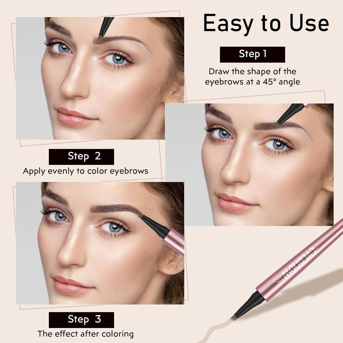 Microblading Eyebrow Pen Set - Waterproof 4-Fork Tip for Natural 3D Brows - Light Brown