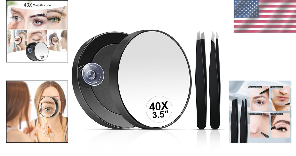 40X Magnifying Mirror with Stainless Steel Tweezers - Compact Handheld 3.5 Inch