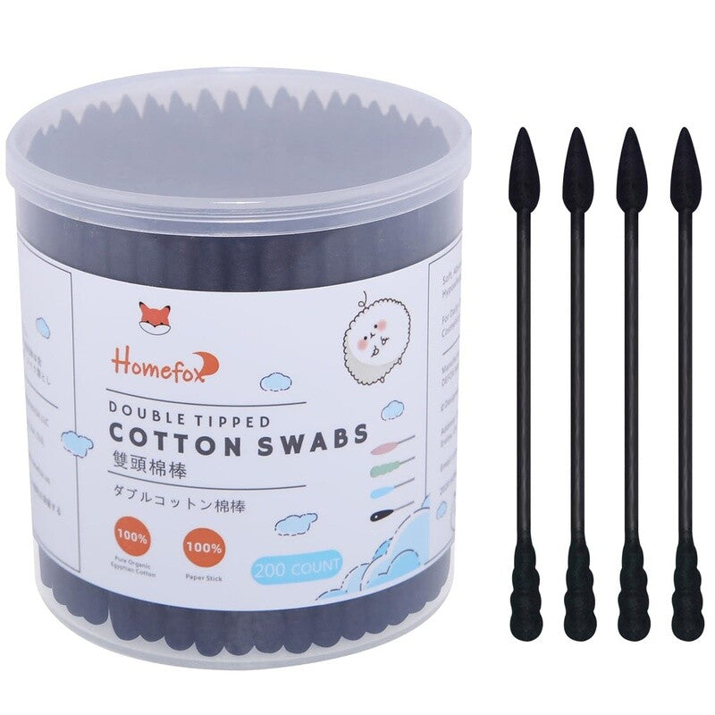 Organic Cotton Swabs with Spiral Tip - Lint-Free, Charcoal Infused, 200 Count