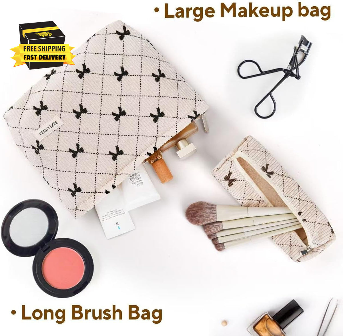 Large Capacity Corduroy Makeup Bag Set with Brush Storage for Travel & Daily Use