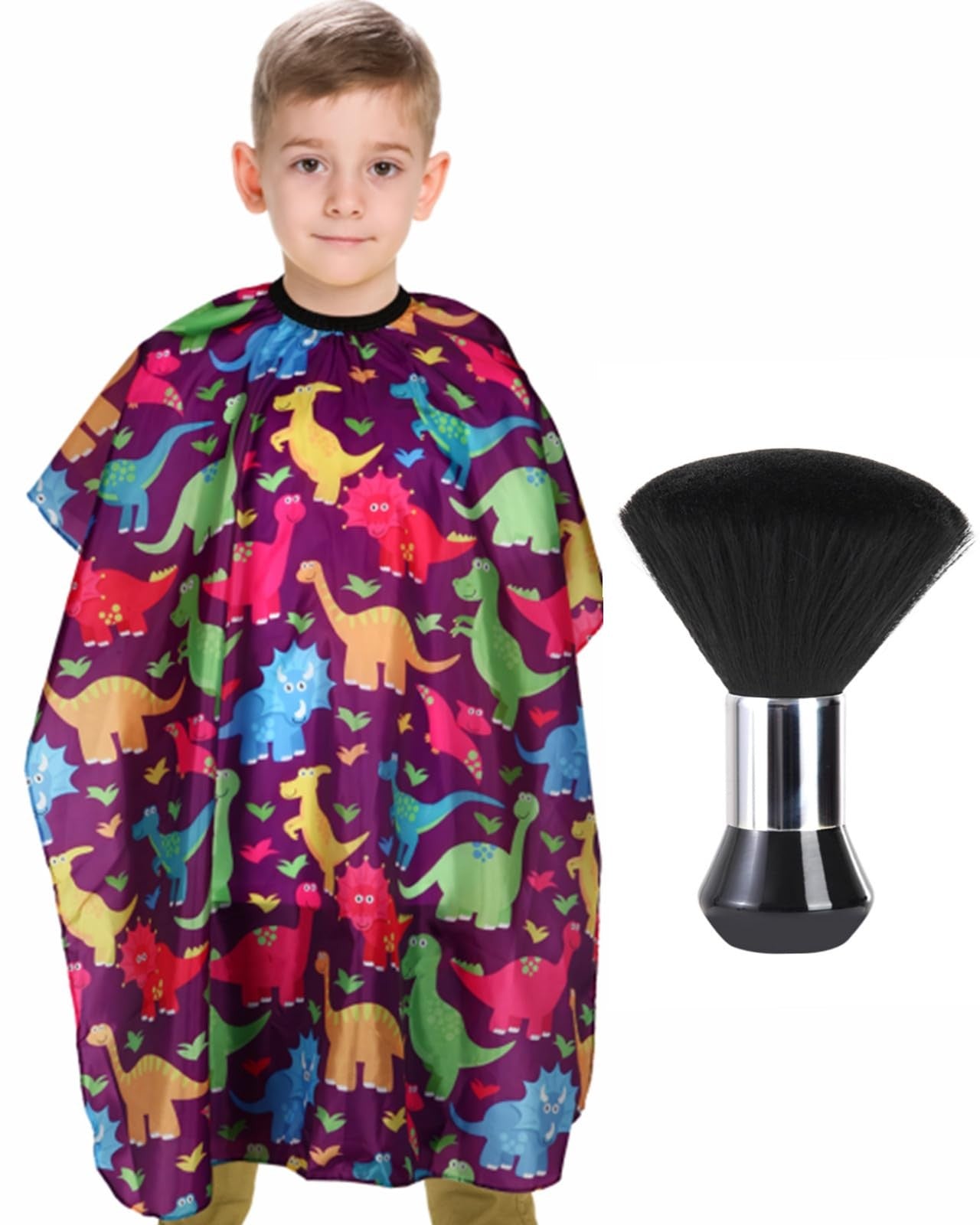 Kids Barber Cape with Neck Duster Brush, Cartoon Dinosaur, Full Coverage