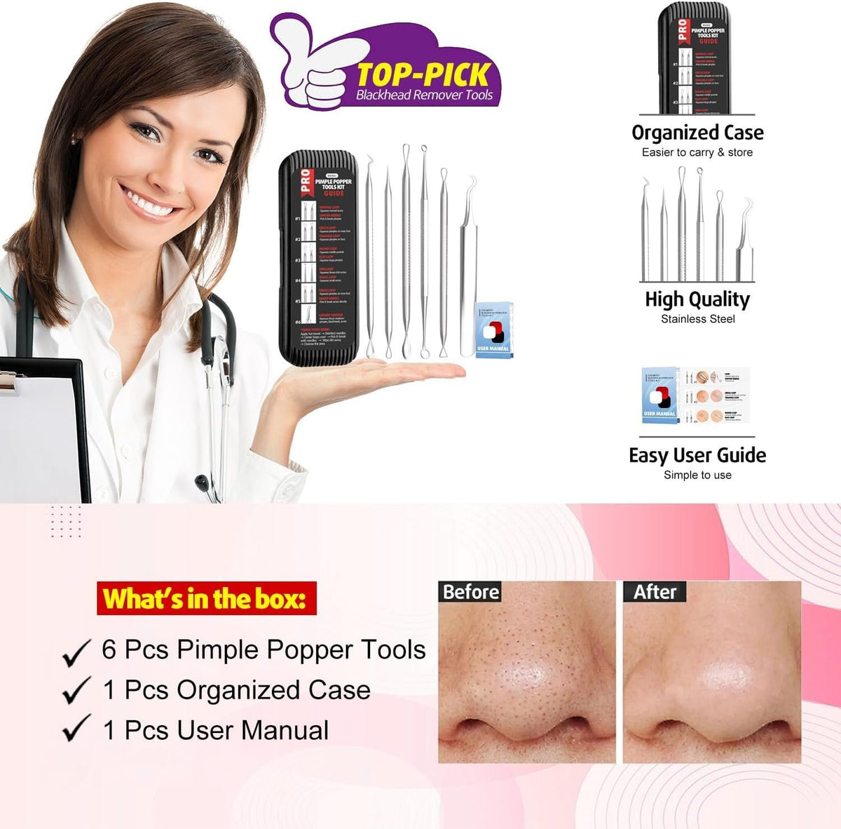 6-Piece Stainless Steel Blackhead Remover Kit - Ergonomic & Durable