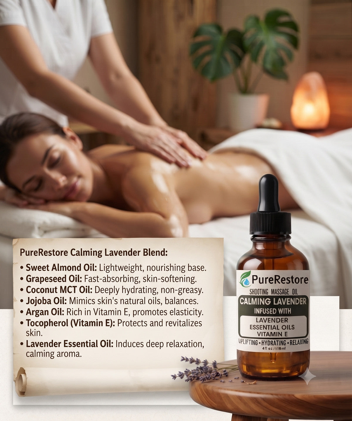 Calming Lavender Massage Oil with Vitamin E - All Natural Body & Relaxation Oil