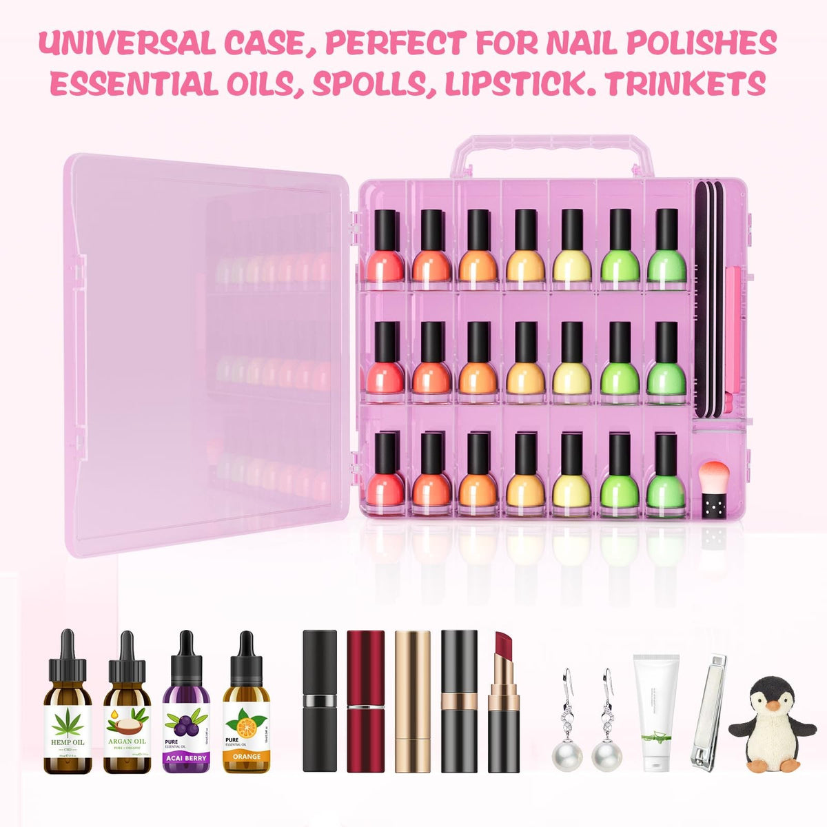 Nail Polish Organizer Case for 48 Bottles Double-Sided Storage Pink