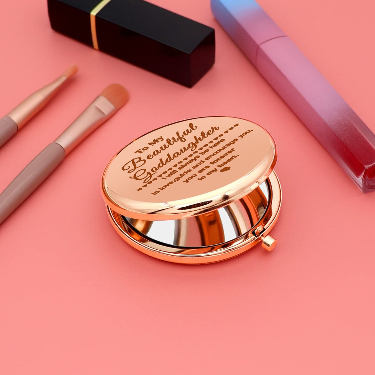 Personal Compact Makeup Mirror with Inspirational Goddaughter Message - Rose Gold, 2.6 Inch
