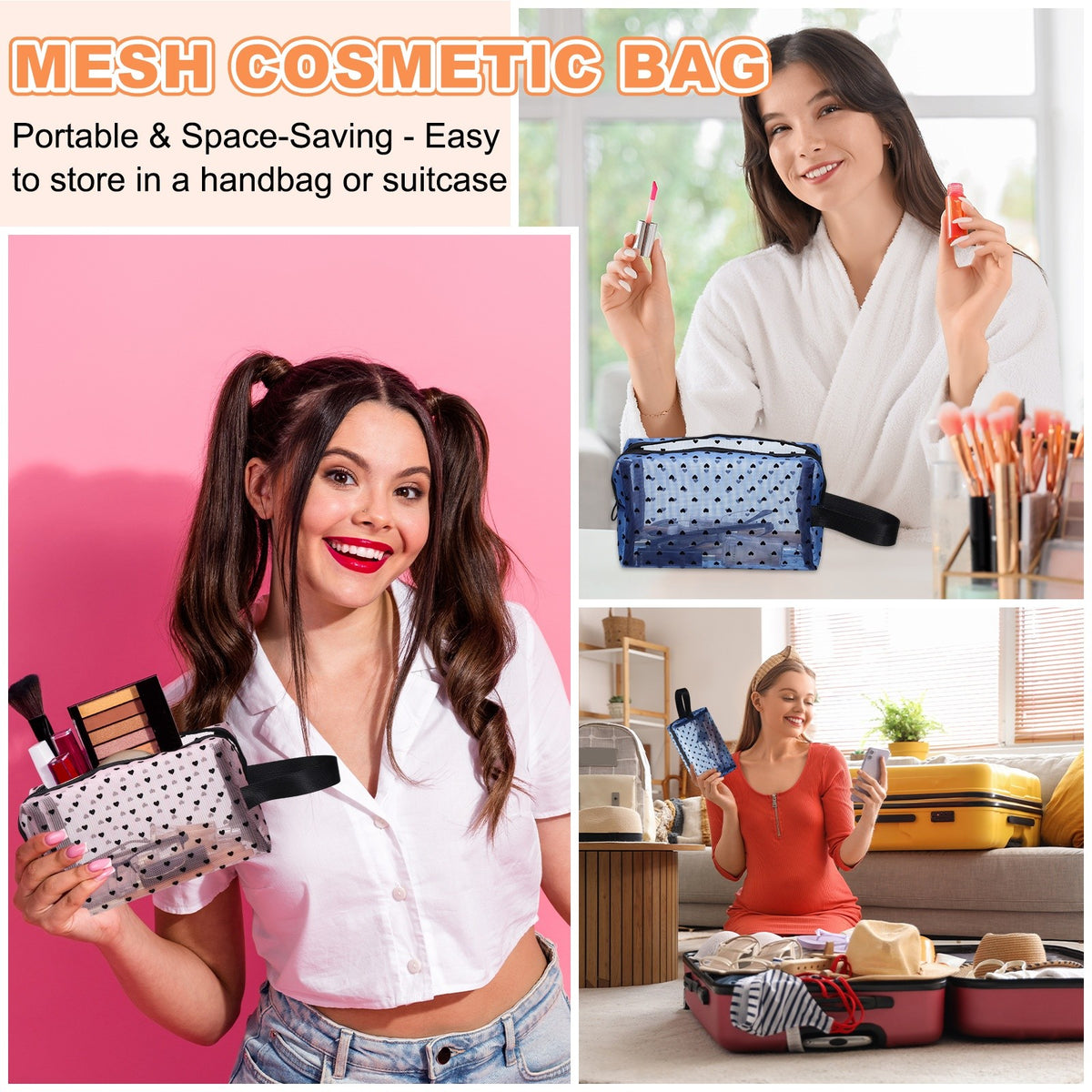 2 Pack Mesh Makeup Bags with Heart Print - Portable Cosmetic Organizer