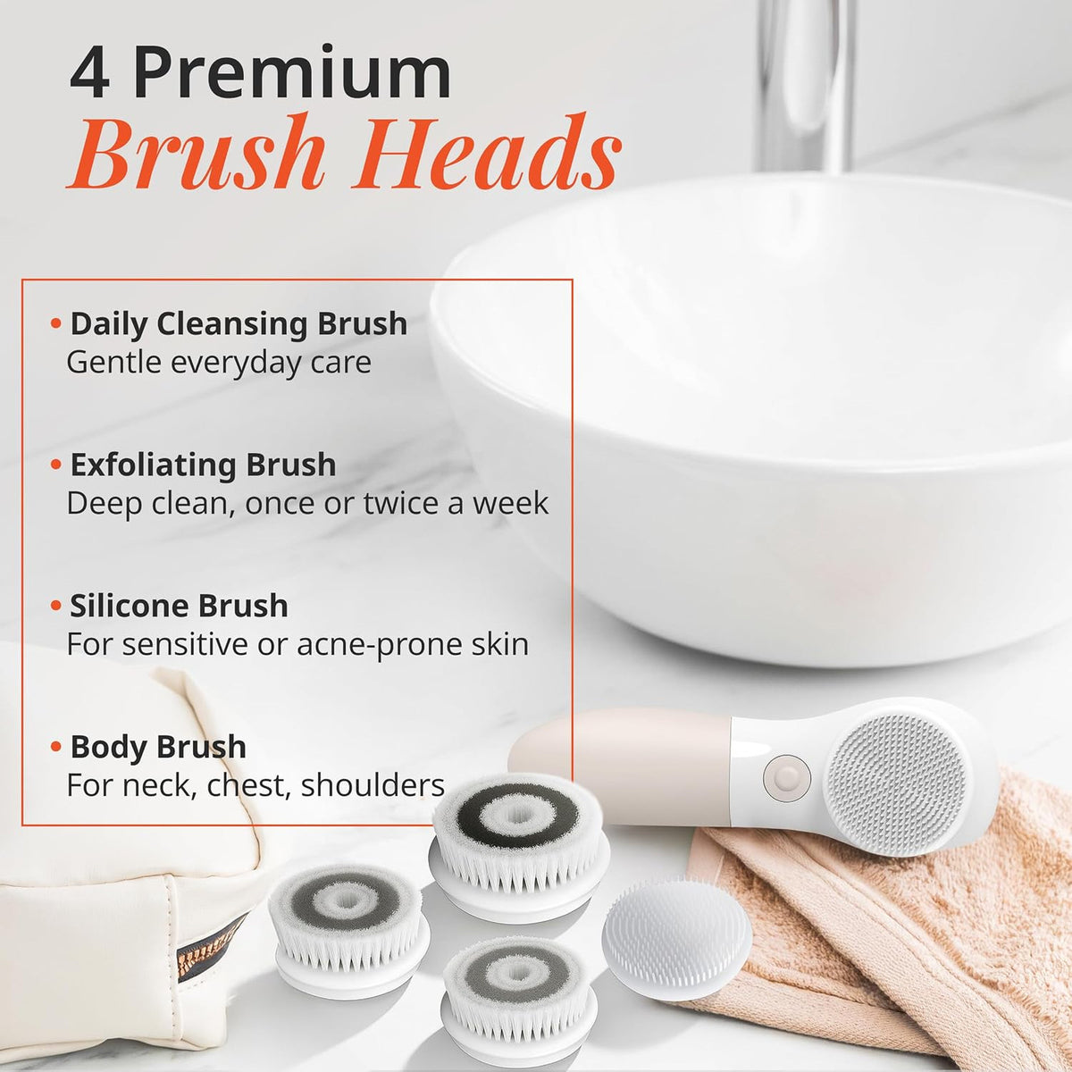 Electric Facial Cleansing Brush with 4 Exfoliating Heads – Waterproof, Handheld