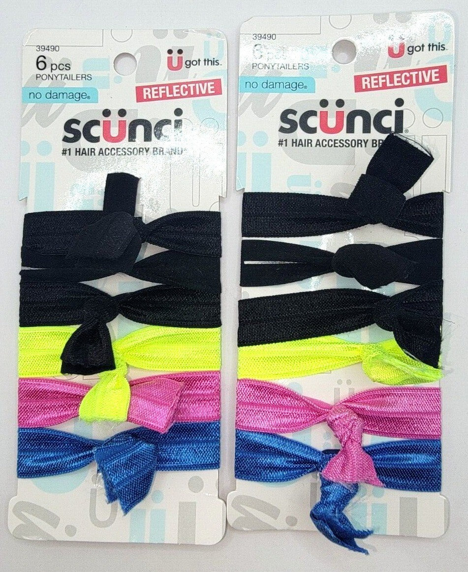 2PK Scunci Reflective No Damage Ponytailers, 6ct.each #39490, SEALED