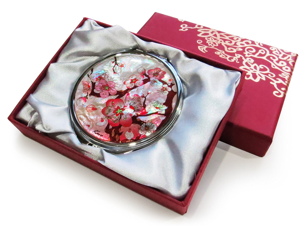Pink Compact Folding Makeup Mirror with Magnification and Apricot Tree Flower Design