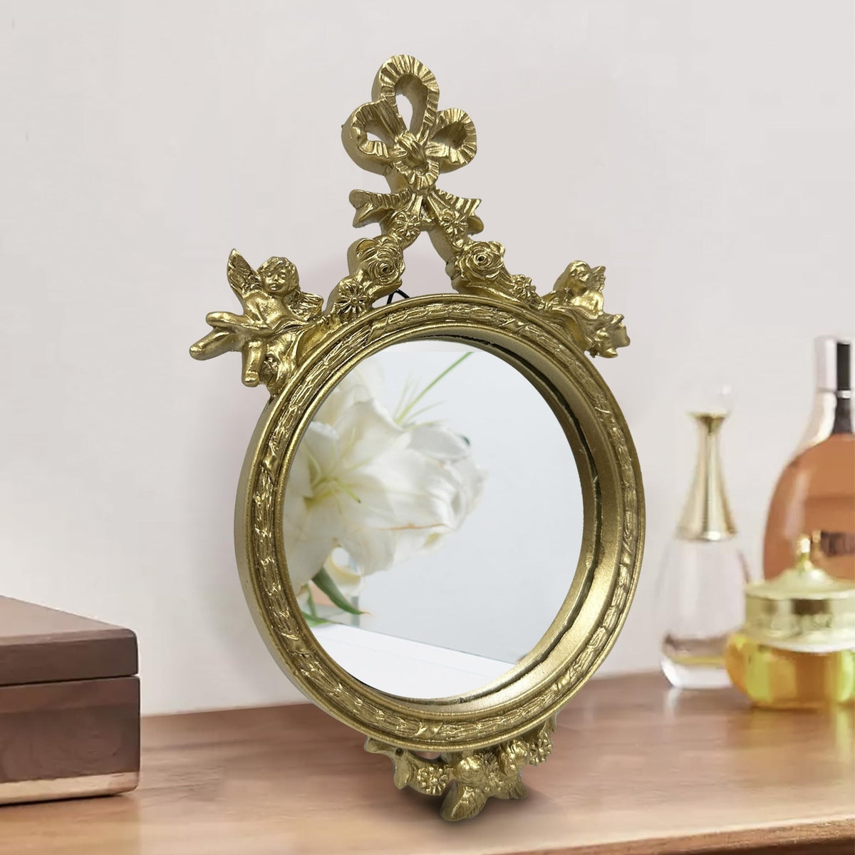 Vintage Bow Vanity Mirror - Gold Resin Tabletop Dressing Table Mirror