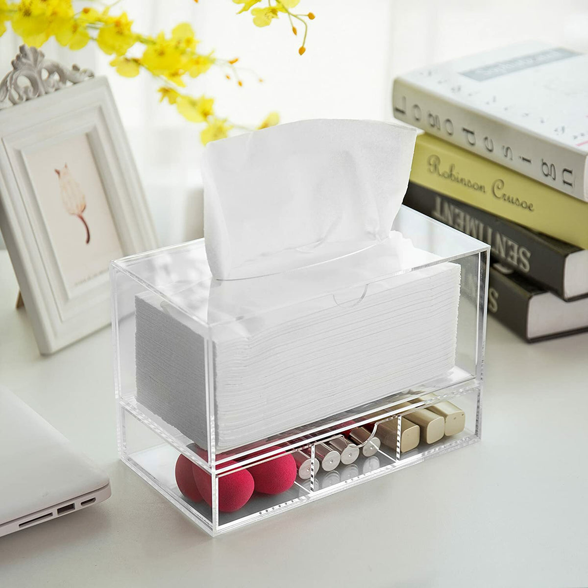 Clear Acrylic Cosmetic Organizer with Tissue Dispenser, Countertop Storage