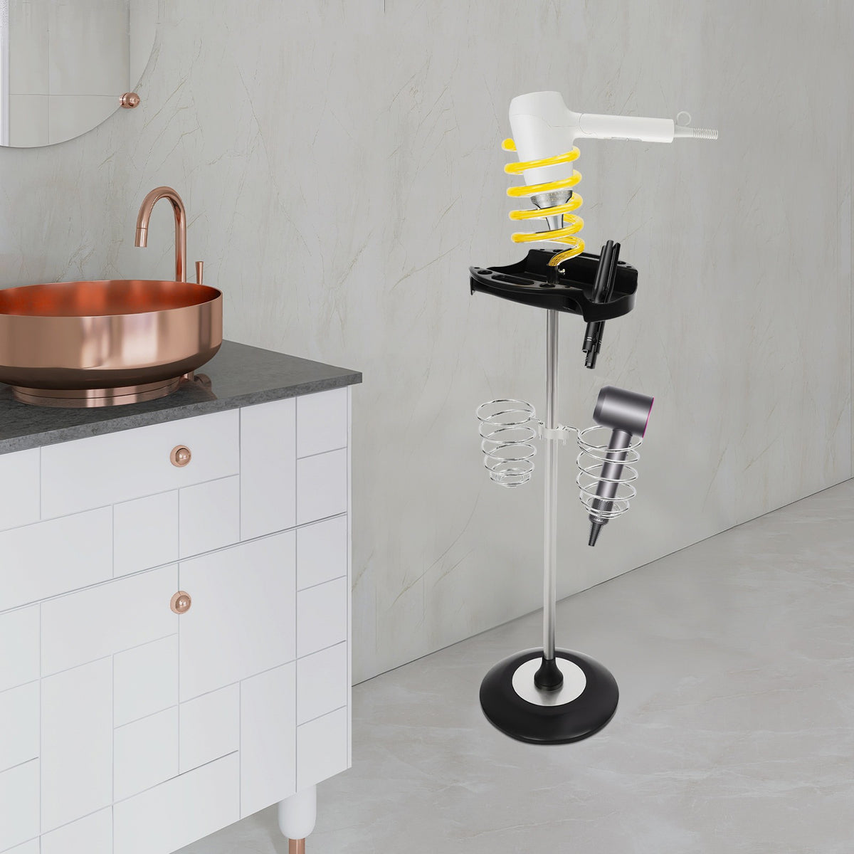 Freestanding Hair Dryer Stand with Tray & Spiral Holders - Yellow