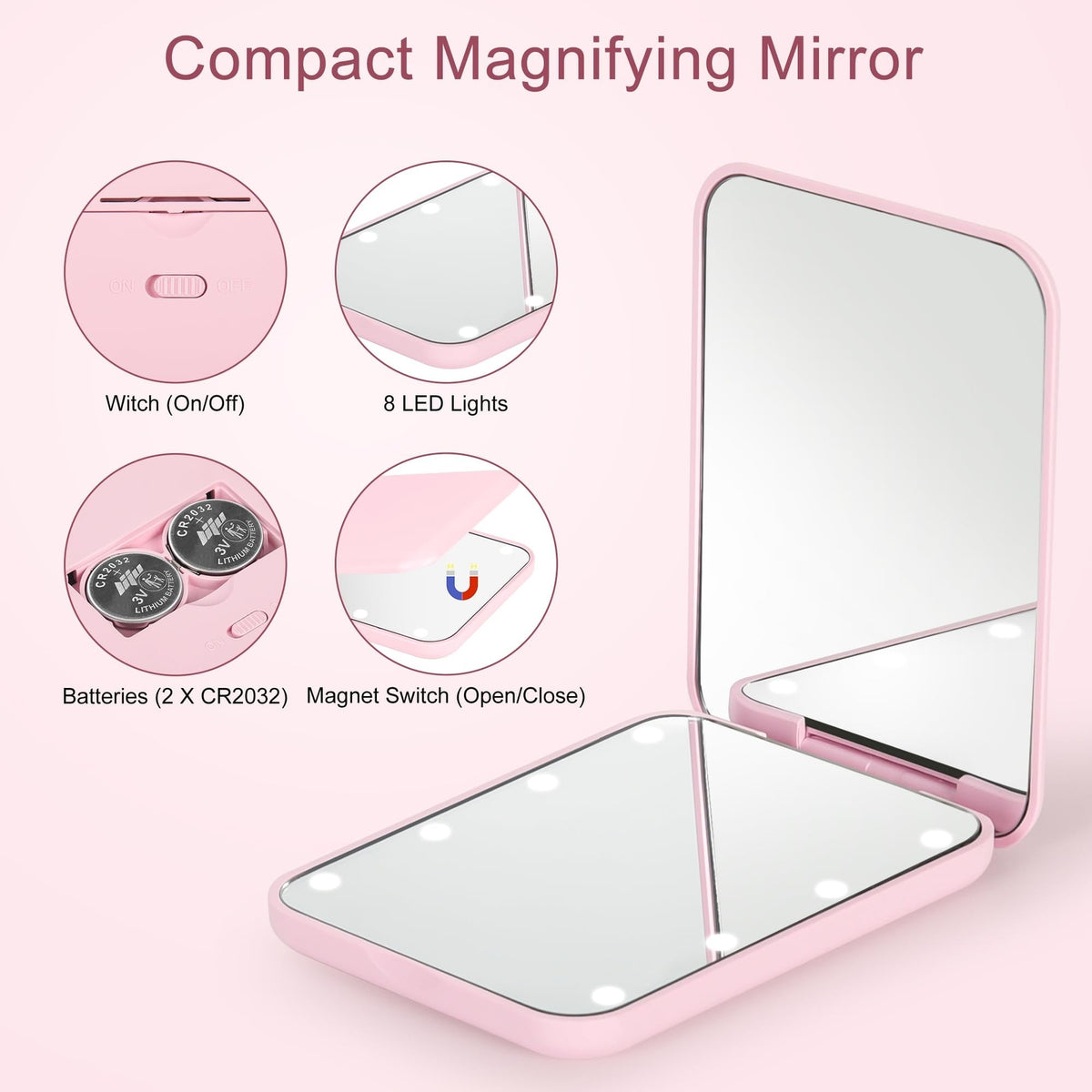 LED Compact Travel Makeup Mirror - 2-Sided 1X/3X Magnification, Pink Portable Folding Mirror