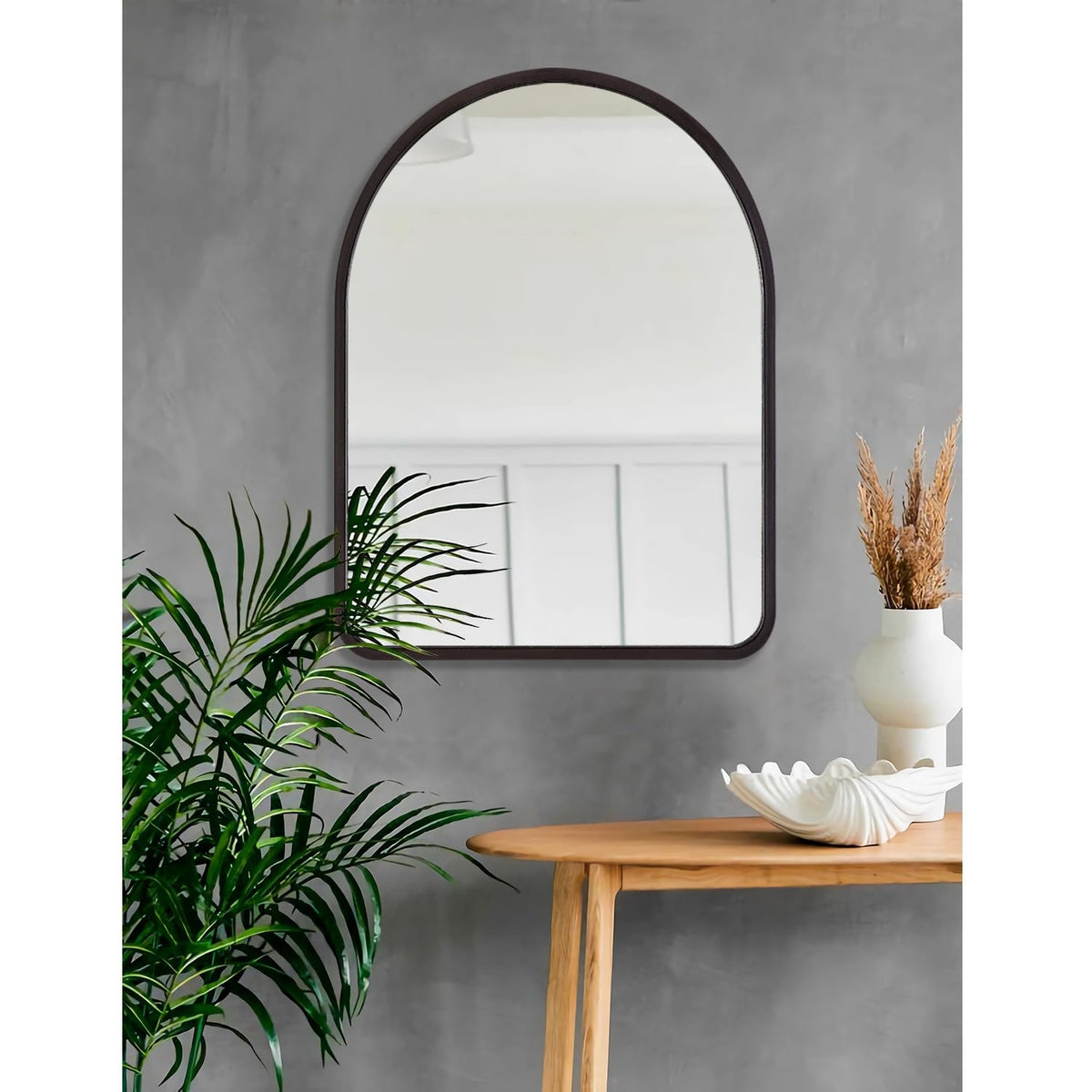 Large Arched Wall Mirror - Vintage Wooden Frame, Rustic Farmhouse Style, 26 x 18 Inches