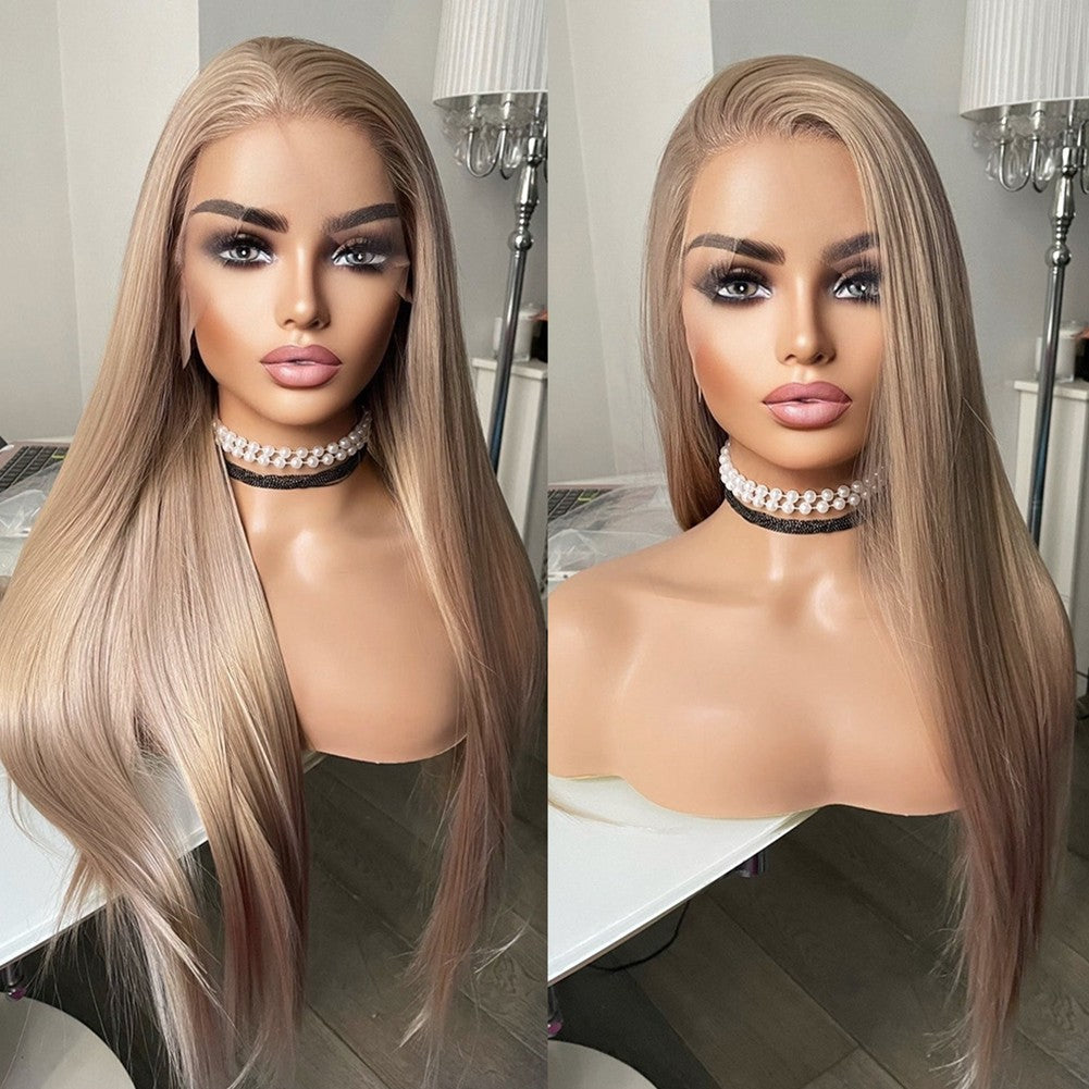 Long Straight Ash Blonde Lace Front Wig - Glueless, Heat Resistant Synthetic Hair