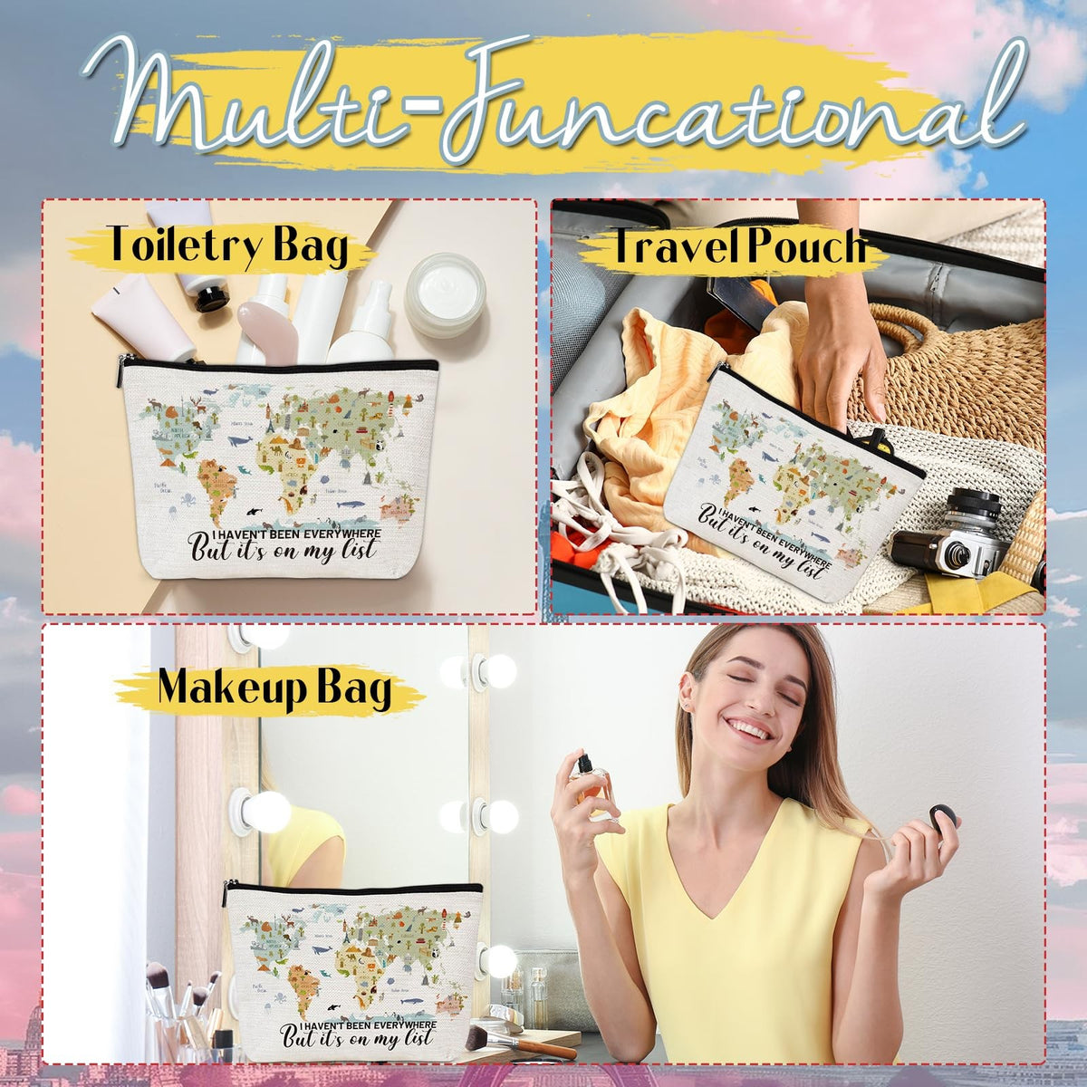 Travel Makeup Bag with Travel Map Design Waterproof Canvas Compact Organizer