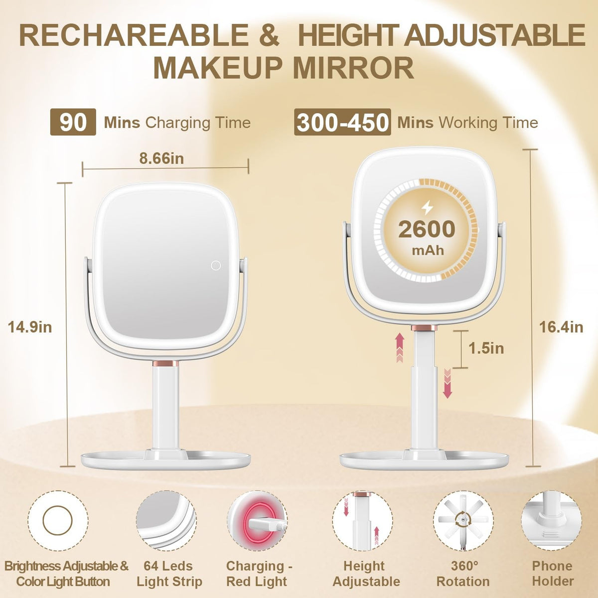 LED Lighted Makeup Mirror with 20X Magnification & Adjustable Height