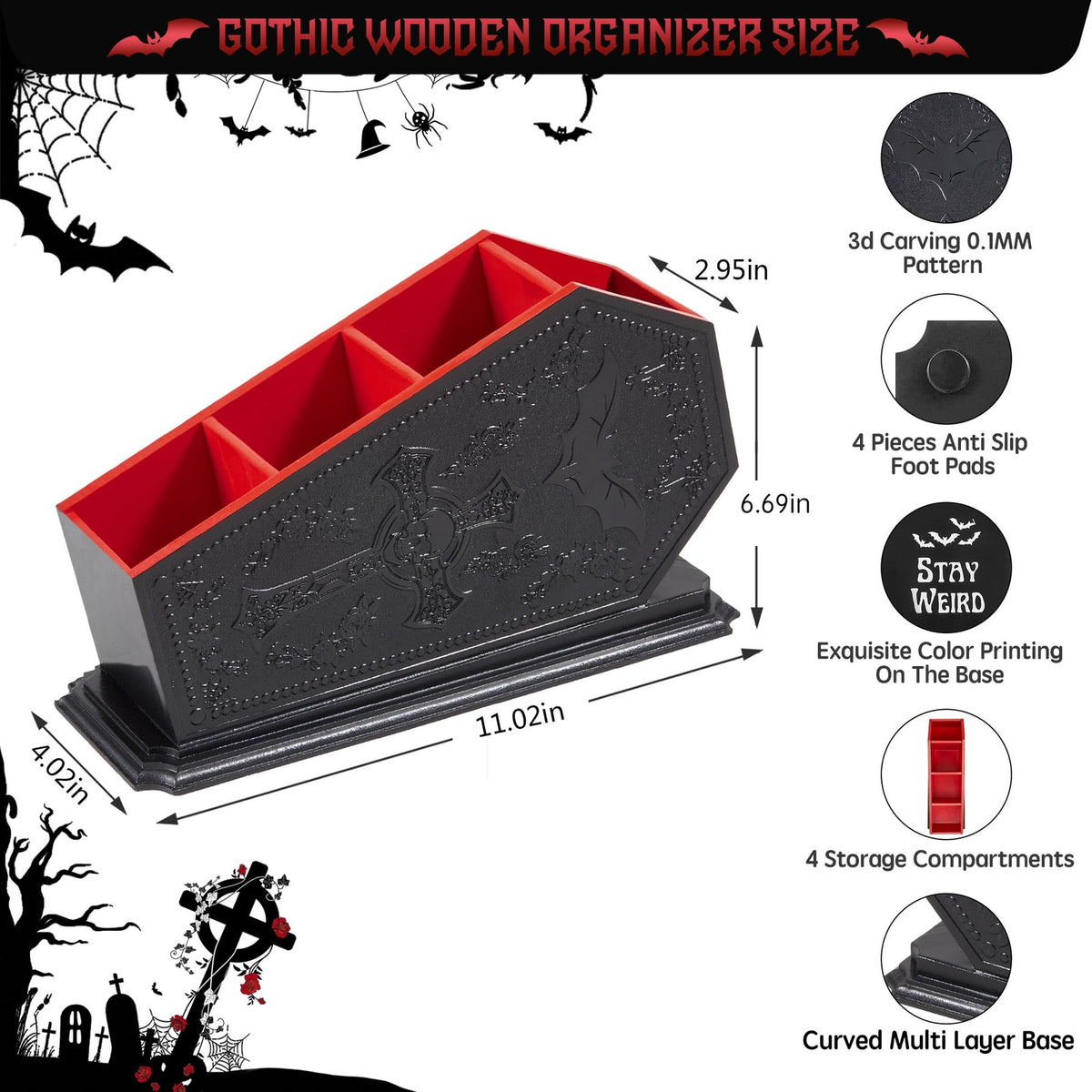 Gothic Coffin Makeup Brush Holder with Bat Design - Spooky Cosmetic Organizer